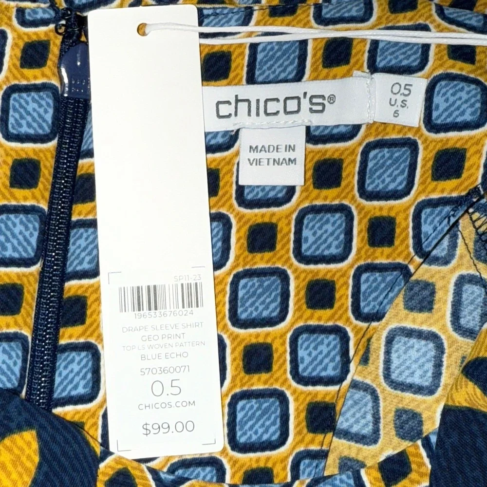 CHICO'S‎  Geo Print Drape Sleeve Blue Echo L/S Woven Pattern Top NWT $99 Size 6 - Picture 8 of 8